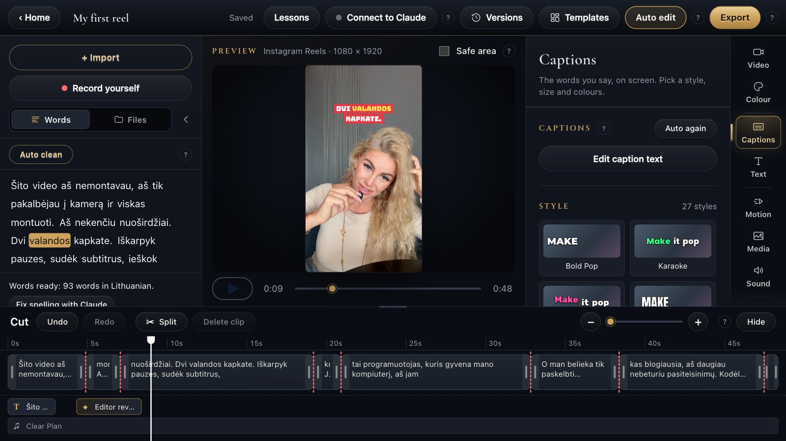 The Captions tab with caption styles