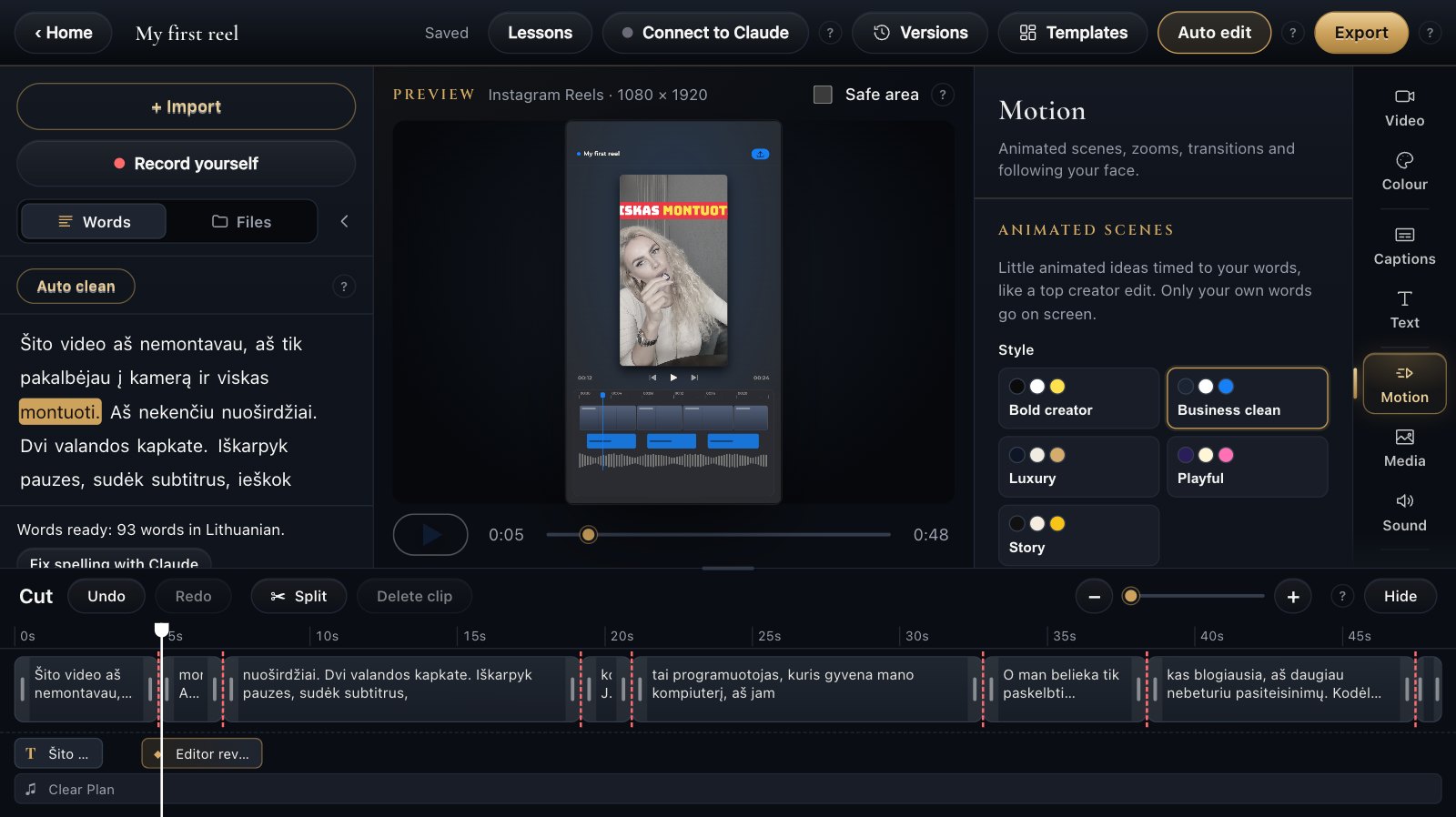 The Motion tab: animated scene styles, timed to the words