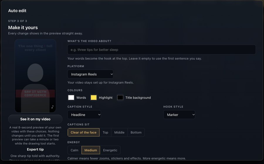 Choosing one of the ready styles, each with a moving preview